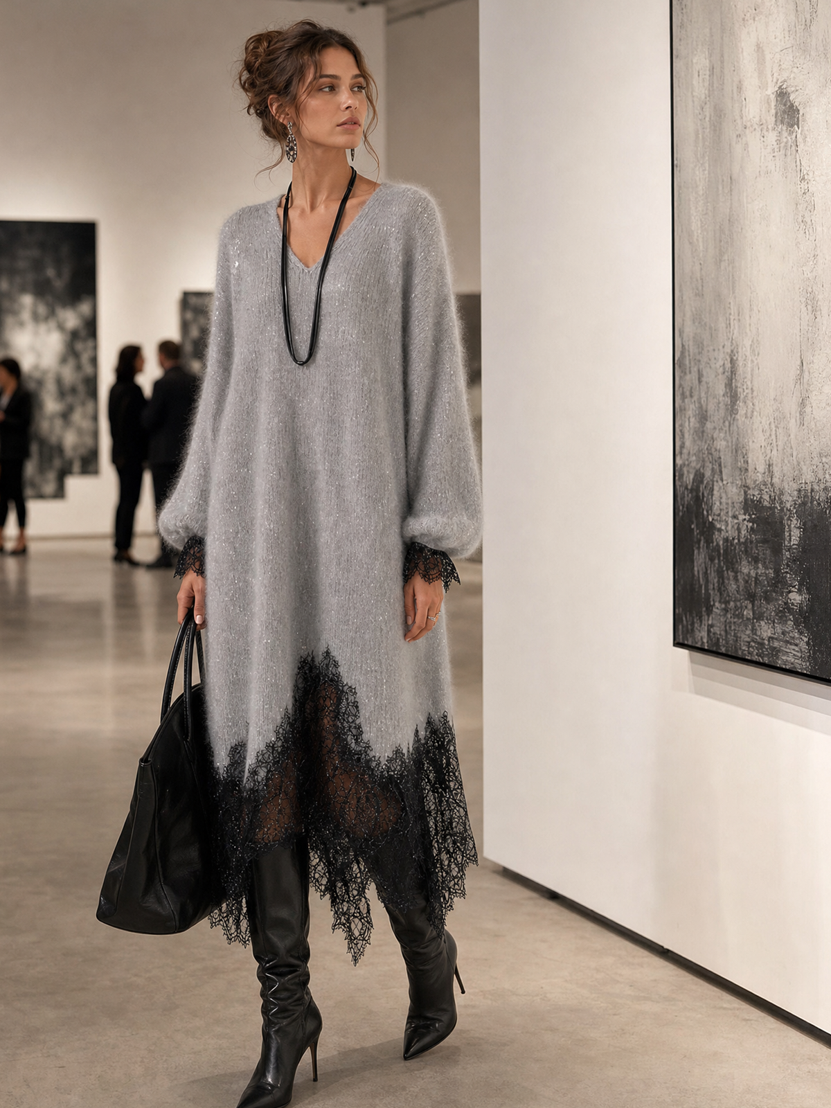 Vestido midi gris de punto con bajo de encaje